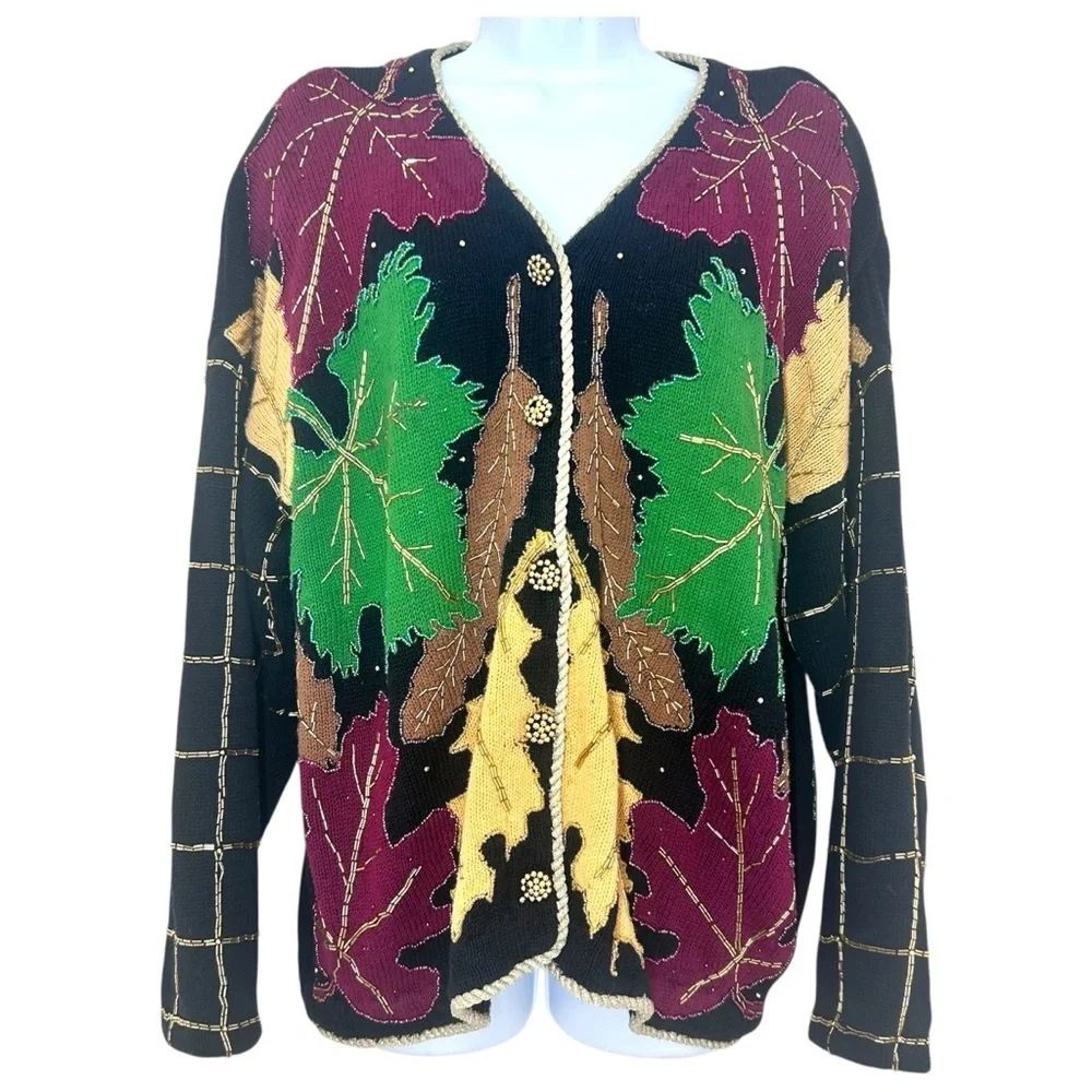 Bellepointe Vtg 90s Handmade Colorful Fall Leaf Cardigan Sweater Sz L Beaded